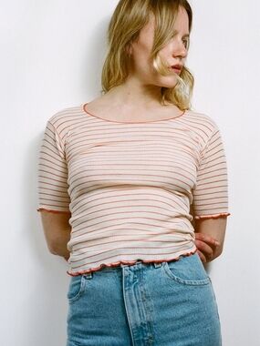Baserange Orange Striped Organic Cotton Scoop Neck Lettuce Trim Pama 3/4 Tee SM
